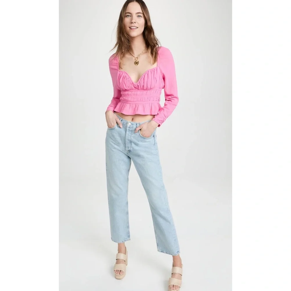 Free People Women’s Top Chloe Aurora Pink Smoked Tie Back Size M Long‎ Sleeve